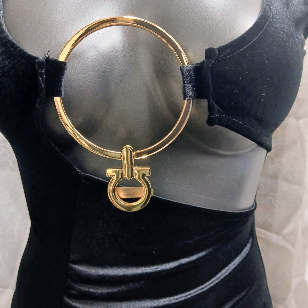 Black Velvet Mini Dress with Gold Ring Accent - Picture 2 of 5